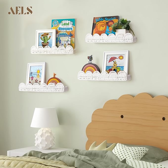 AELS Scalloped Nursery Bookshelf, Set of 4, Picture Ledge Shelf for Wall Decor, Woven Natural Fibre Floating Shelves for Books, Toys, Photo Frames, Nursery, Boho Modern Farmhouse Book Shelf, White