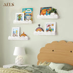 AELS Scalloped Nursery Bookshelf, Set of 4, Picture Ledge Shelf for Wall Decor, Woven Natural Fibre Floating Shelves for Books, Toys, Photo Frames, Nursery, Boho Modern Farmhouse Book Shelf, White