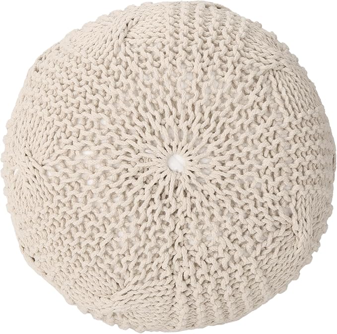 Round Pouf Ottoman, 18" Bordeaux Knitted Cotton Woven Round Pouf, Handmade Woven Bean Bag for Living Room, Floor Bag for Bedrooms, Home, Offices, Sofa Footrest (Beige - 2)