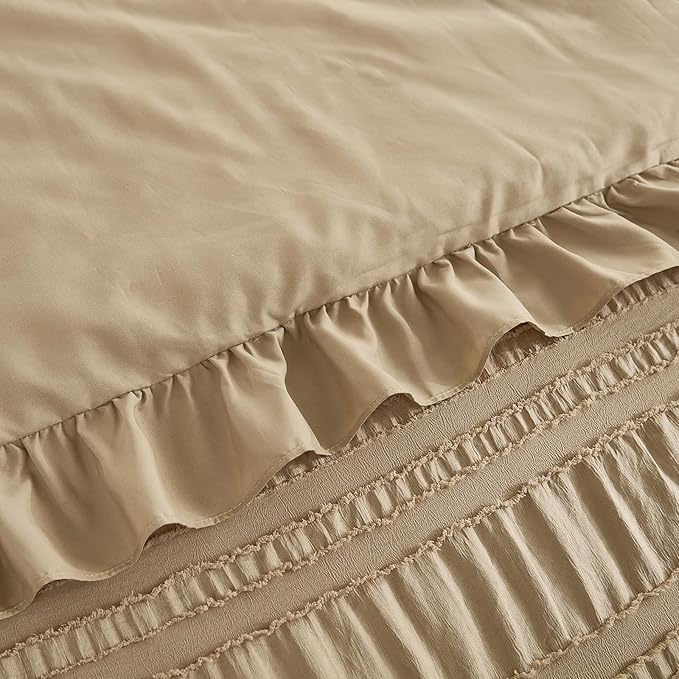 WONGS BEDDING Khaki Comforter Set Queen,3 Pieces Ruffle Farmhouse Shabby Chic Comforter for Queen Bed,Soft Seersucker Textured Boho Bedding Set with 1 Ruffle Comforter,2 Tufted Pillowcases 90"×90"