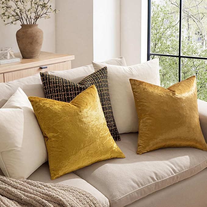 MIULEE Dark Gold Velvet Throw Pillow Covers 12x12 Inch Soft Solid Decorative Square Cushion Cases Modern Home Decor for Couch Sofa Bedroom