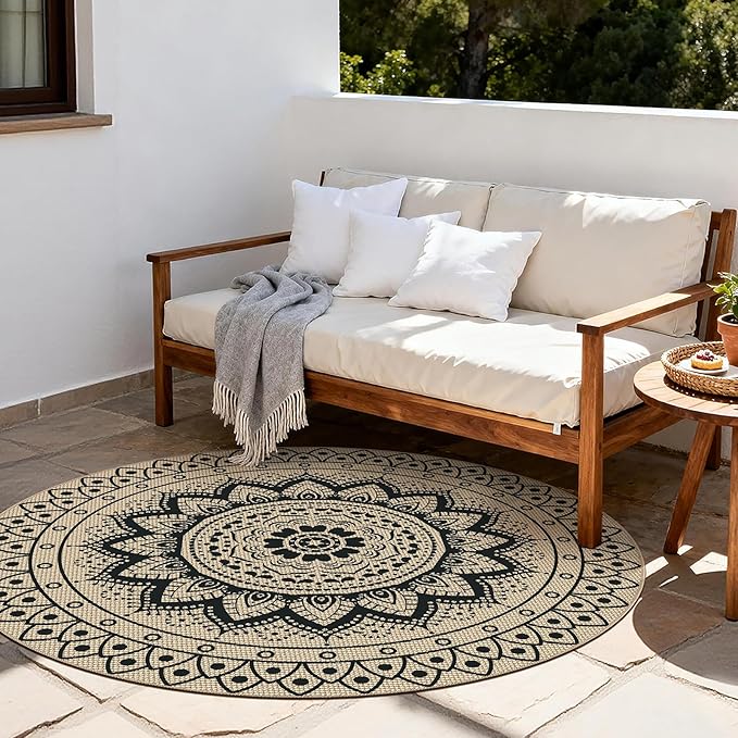 Outdoor Round Rug 6ft, Easy Jute Rug Washable Indoor Outdoor Patio Rug, Non Slip Round Area Rug Farmhouse Front Door Mat,Boho Lightweight Carpet for Backyard Patio Entry(Black, 6 Ft)