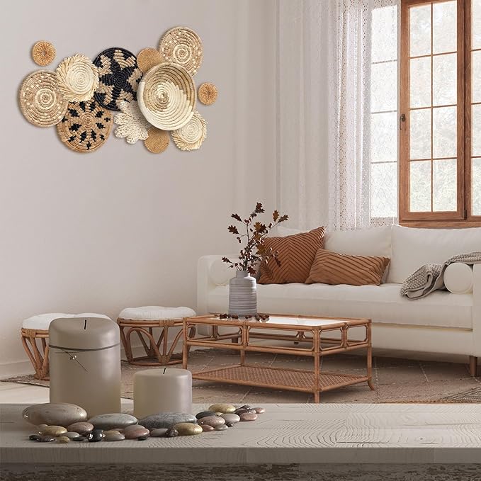 11 Pcs Boho Hanging Wall Basket Decor Handmade Woven Basket Wall Decorative Boho Wicker Baskets Placemats Round Farmhouse Bulrush Art for Rustic Home Decorations Christmas Gift(Rustic)