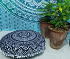 INDIAN CRAFT CASTLE 24" Blue Silver Mandala Barmeri Large Floor Pillow Cover Cushion Meditation Seating Ottoman Throw Cover Hippie Decorative Zipped Bohemian Pouf Ottoman Pom Pom Cases 24" Round