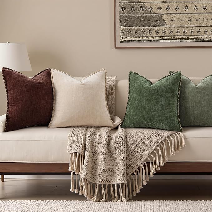 decorUhome Chenille Soft Cozy Throw Pillow Covers 20x20 Set of 2, Modern Farmhouse Boho Velvet Decorative Pillow Cases with Stitched Edge for Couch Sofa Bed Home Decor, Chocolate