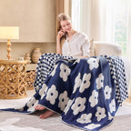 Checkered Throw Blanket, Navy Blue Flower Blanket for Couch, 50"x60" Soft Plaid Knit Blanket for Home Decor, Reversible Checkerered Blankets for Sofa, Chair, Bed