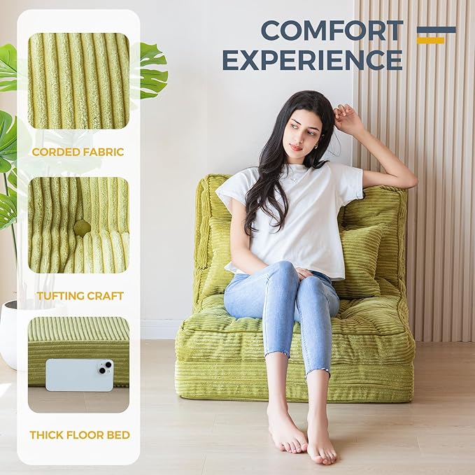 MAXYOYO Folding Sofa Bed, Tufted Bean Bag Bed with Pillows Floor Mattress for Adults, Extra Thick and Long Floor Sofa, Single Couch for Bedroom Living Room, Green, 30x91 Inch