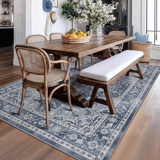 Blue Gray 5x7 Area Rugs for Living Room, Transitional Distressed Washable Non Slip Bedroom Rug, Modern Vintage Medallion Low Pile Thin Carpet Rugs for Den/Dining Room/Kitchen/Home Office