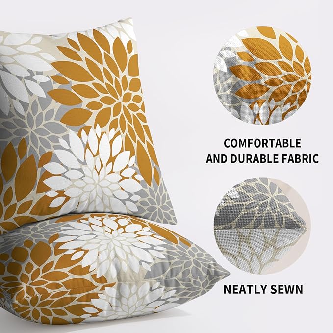 Mustard Yellow White Grey Gray Pillow Covers 24X24 Inch Set of 2, Modern Dahlia Floral Print Decorative Throw Pillow Covers Outdoor Farmhouse Cushion Case for Home Couch Sofa Bed Decoration