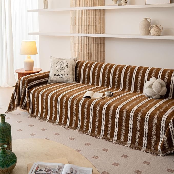 VClife Sofa Cover Bohemian Striped Pattern Couch Cover for 2 Cushion Sofa - Caramel Brown Creamy White Textured Sofa Slipcover Washable Furniture Protector for Couch Decorative Couch Cushion Cover