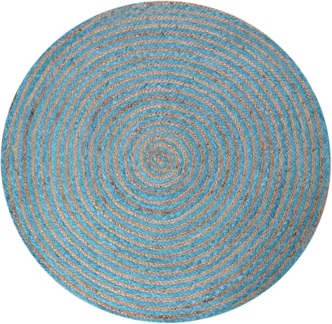 Circle Area Rug - 3 Ft' Round Blue Natural Chindi Cotton Jute Mat Geometric Kilim Rug Indoor Outdoor Use Flatweave Rugs for Bedroom Bedside Round Dining Table Mat Hall & Kitchen