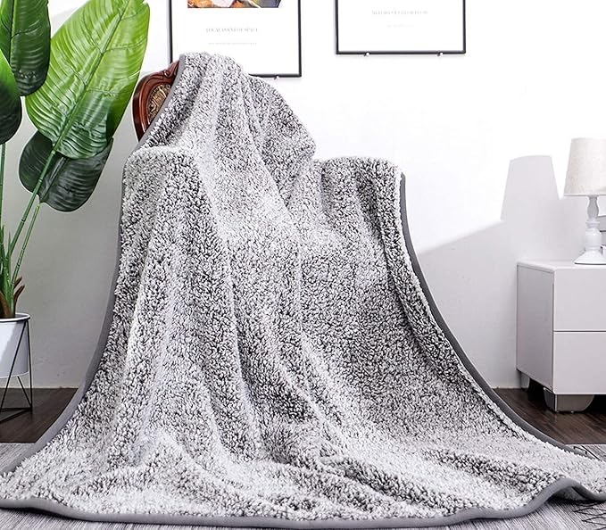 EMME Soft Sherpa Fleece Blanket Reversible Plush Fluffy Large Blanket, Light Weight Warm Decorative Boho Blanket Cover for Sofa, Couch, Bedroom,Travel(Plush Grey,50"x60")