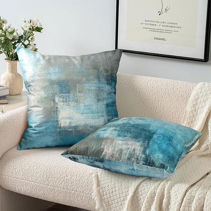 COLORPAPA Teal Throw Pillow Covers 18x18 Set of 4 Decorative Cushion Cover Turquoise Grey Abstract Art Painting Pillowcase for Sofa Bedroom Living Room Décor