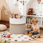 Goodpick 17"x16" Toy Storage for Kids, Home Décor Living Room, Woven Laundry Basket for Blankets Pillows Clothes, Baby Basket for Fall Decorations, White & Camel