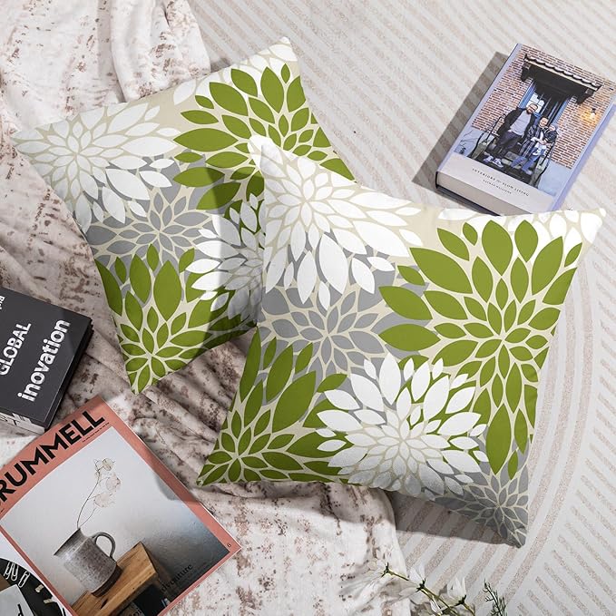 Lime Green White Grey Gray Pillow Covers 22X22 Inch Set of 2, Modern Dahlia Floral Print Decorative Throw Pillow Covers Outdoor Farmhouse Cushion Case for Home Couch Sofa Bed Decoration
