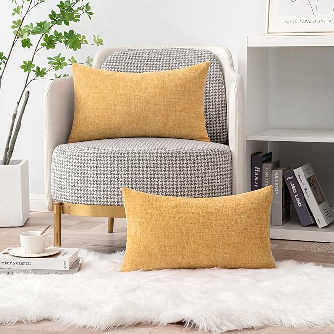 MIULEE Pack of 2 Couch Throw Pillow Covers 12x20 Inch Soft Beige Yellow Chenille Lumbar Pillow Covers for Sofa Living Room Spring Home Decor Couch Solid Dyed Cases