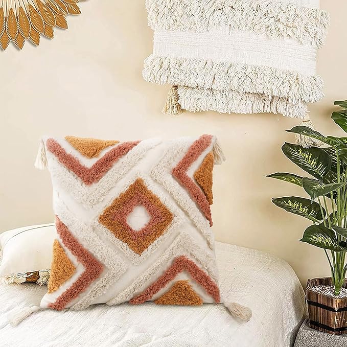 Merrycolor Boho Throw Pillow Covers 18x18 with Tassels, Decorative Pillow Covers Woven Tufted Bohemian Pillow Covers for Couch Sofa Bedroom Living Room