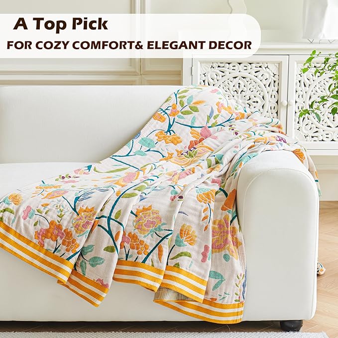 Boho Throw Blanket for Bed, 100% Organic Cotton Breathable Ultra Soft 50" x 60" Quilt Beige Throw - All Season Floral Farmhouse Decor Luxury Reversible Blanket for Sofa Couch Chair and Gift