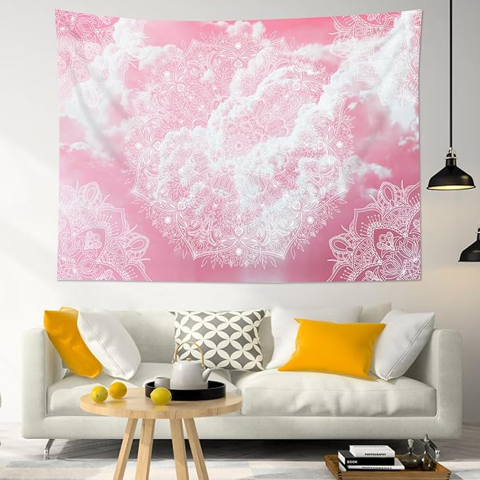 LB Pink Boho Tapestry Mandala Bohemian Aesthetic Pink Sky Cloud Tapestry Wall Hanging Nature Landscape Wall Decor for Bedroom Living Room Dorm 59Wx51L Inches