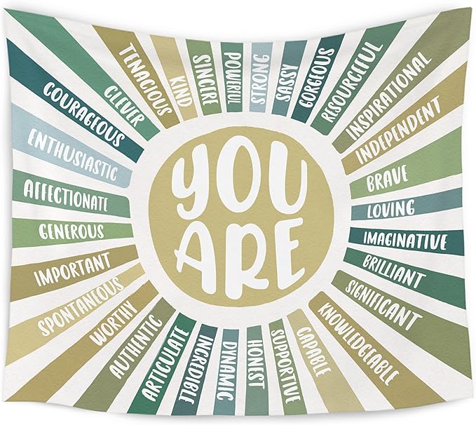 WARDOS Boho Green Sunshine Tapestry, You Are Inspirational Tapestry Wall Hanging, Colorful Boho Sun Positive Affirmation Wall Blanket Decor for Kids Room Nursery Playroom Classroom, 50x60 Inch