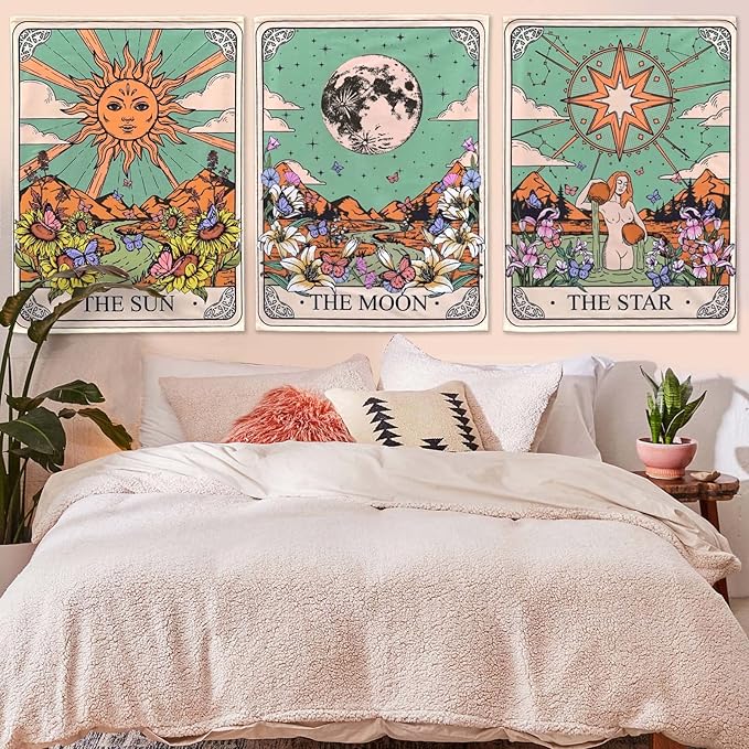 Aipon Tarot Tapestry Cute Tarot Card Tapestries 3 Pack Sun Moon Star Green Floral Flower Small Aesthetic Tapestry Wall Hanging for Bedroom Living Room Dorm (20'' × 27'')