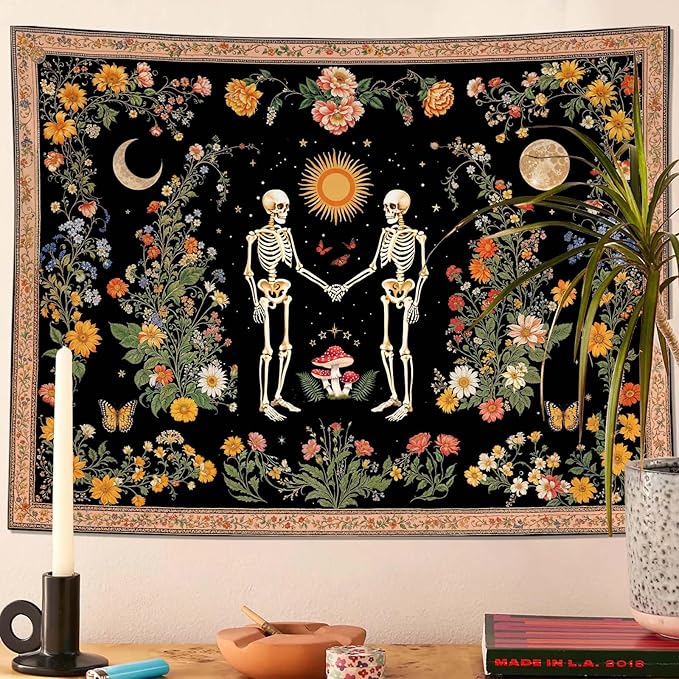 Wegklazax Skull Moon and Flowers Tapestry, Bohemian Hippie Gothic Wall Hanging for Room Decor, Mystical Altar Home Decor 80L x 60W