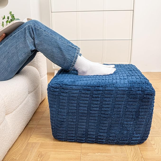 Asuprui Round Square Pouf Ottoman Foot Rest – Lightweight Modern Footstool with Plush Foam Filling, Perfect for Living Room Decor & Cozy Comfort – 20x20x14 Inch Chic Accent Piece (Navy Blue)