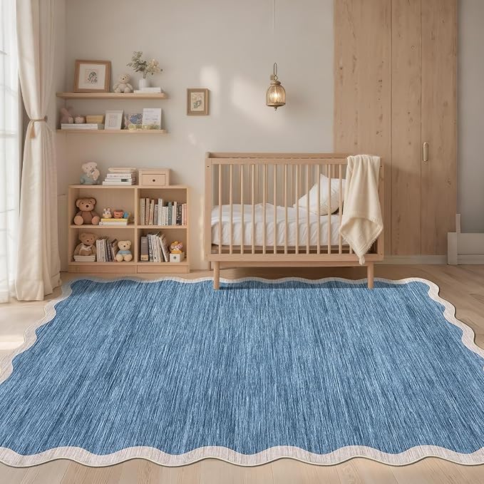 GarveeHome Scalloped Washable Area Rug 6 x 9 Rugs for Living Room Modern Blue Rug Non Slip Throw Rugs Distressed Large Bedroom Rug Low Pile Stain Resistant Carpet for Dining Room Nursery 6'x9' Blue