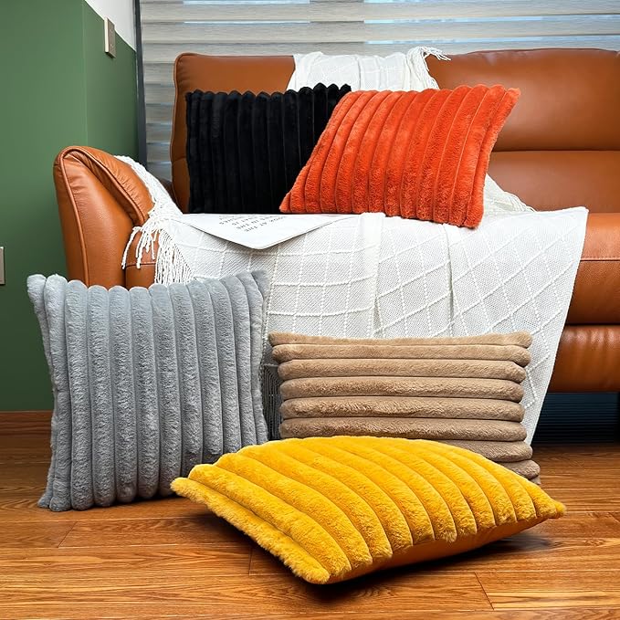 18x18 Throw Pillow Covers Set of 2, Decorative Faux Fur Covers for Bed, Couch Soft Fluffy Pillow Cover with Velvet Back for Living Room, Neutral Home Décor Accent for Sofa - Burnt Orange