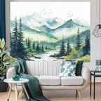 Accnicc Watercolor Forest Mountain Tapestry Green Nature Pine Tree River Wall Tapestry for Bedroom Aesthetic Misty Woods Birds Small Tapestries Wall Hanging for Living Room Dorm Decor 48 x 36 Inch