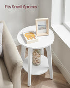 VASAGLE MAEZO Collection - Side Table, 2-Tier Small Round End Table, Nightstand with Tapered Legs, Curved Transitions, for Small Spaces, Living Room, Bedroom, Cloud White ULET283T14 | Lower Shelf, Small Spaces, Living Room, Bedroom