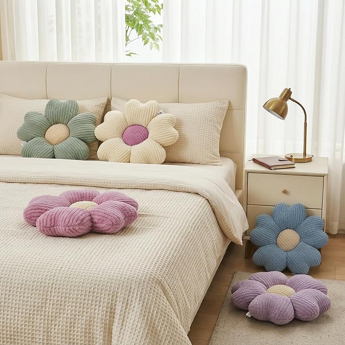 2 Pcs Lavender Decorative Throw Pillows, 15'' Cute Daisy Flower Shaped Pillow Floor Seating Cushion for Bed Couch Sofa Bedroom Room Dorm Decor (Lavender & Ivory)