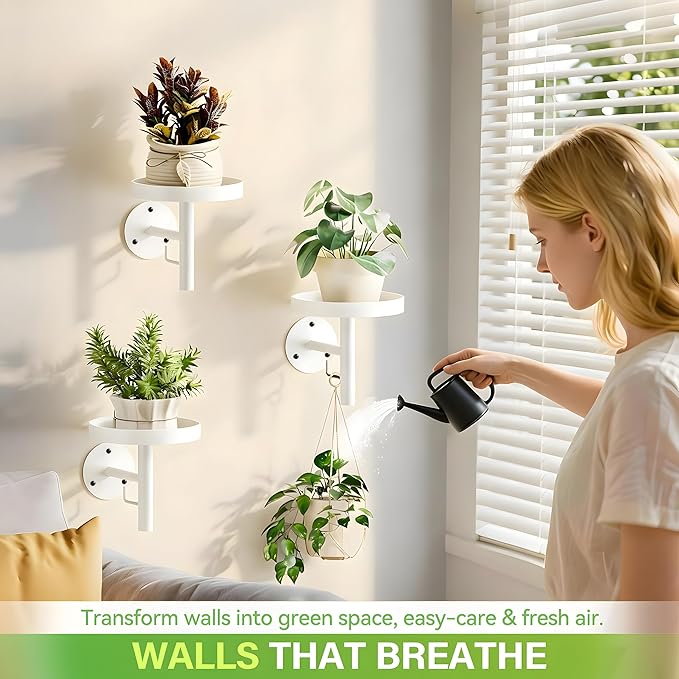DELLAN Wall Plant Holder, 3 Pack Metal Wall Planters Stand Floating Shelves for Indoor Plants, Window Sill Plant Decor for Bedroom, Bathroom, Living Room, Home, Office, All White