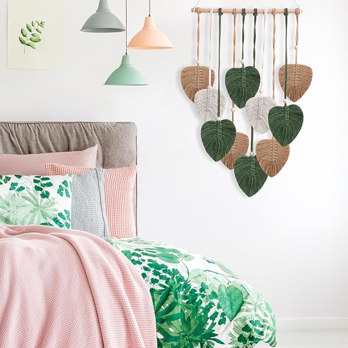 Easemykit Wall Hanging Decor Leaves Tapestry, Boho Macrame Wall Decor Tapestry Woven Feather Handmade Yarn Tassels Leaf Macrame Wall Art Decorations for Living, Bedroom, Office,Nursery,Apartment Room,16x26 Inch(Brown Green)