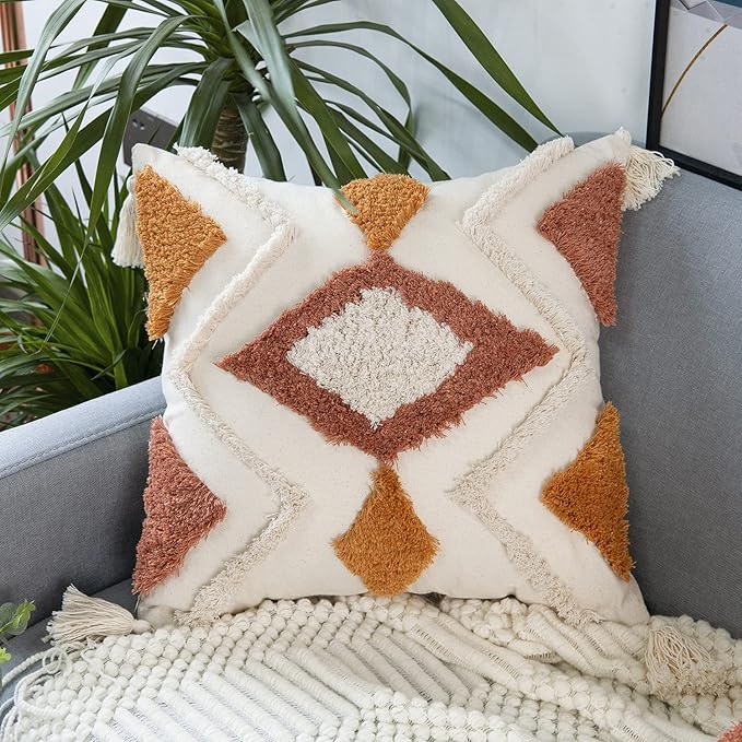 Merrycolor Boho Throw Pillow Covers 20x20 with Tassels, Decorative Pillow Covers Woven Tufted Bohemian Pillow Covers for Couch Sofa Bedroom Living Room