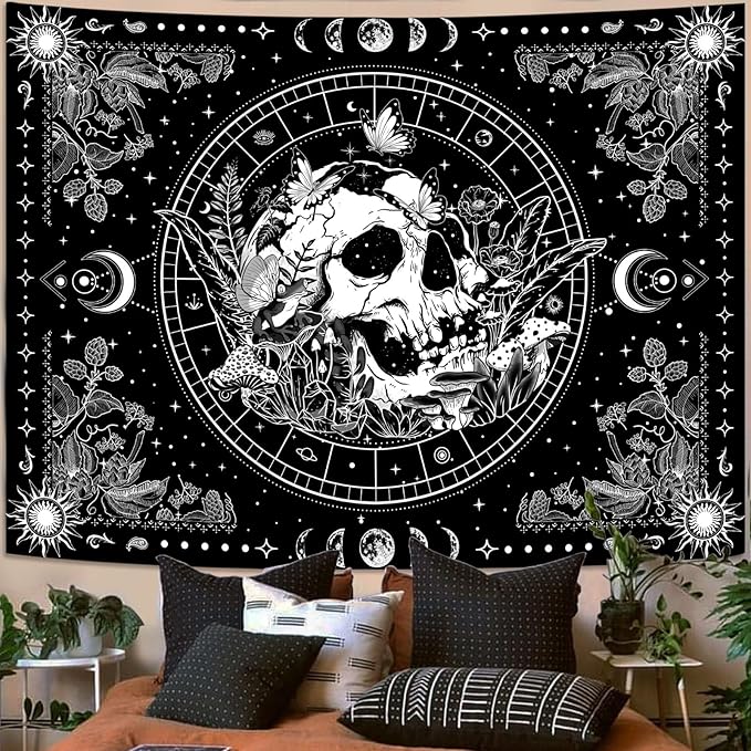 Aipon Black and White Skeleton Tapestry Bedroom Skull Mushroom Tapestries Hippie Nature Plants Floral Flower Aesthetic Tapestry Wall Hanging for Living Room Dorm (Black, 48'' × 36'')