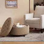 COLAMY Fabric Round Storage Ottoman with Reversible Tray Lid – Multi-Functional Footrest, Hidden Storage, Sturdy & Stylish Small Coffee Table for Living Room, Bedroom, or Entryway(Camel)