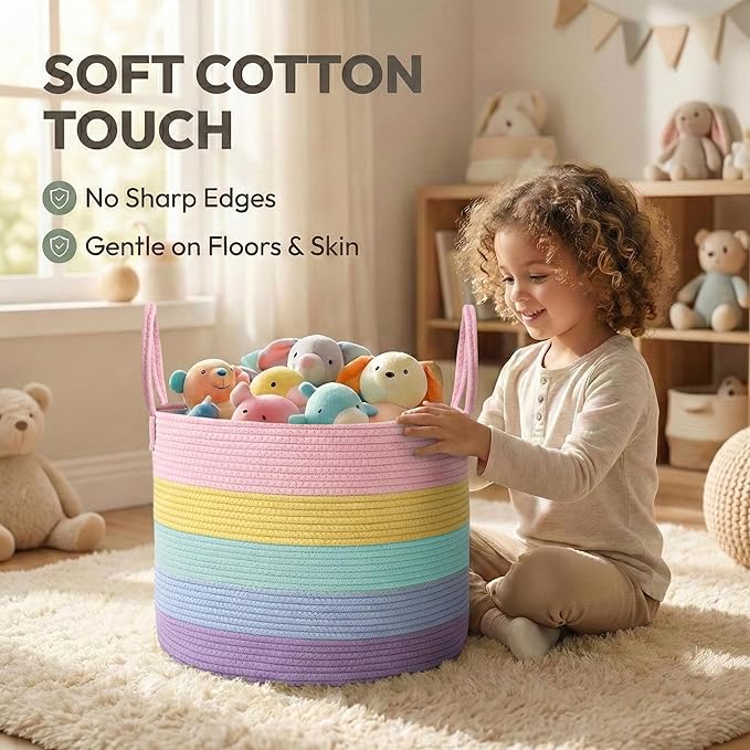 65L Extra Large Blanket Basket for Living Room - Woven Cotton Rope Laundry Hamper with Reinforced Handles - Storage Bin for Pillows, Comforters & Toys - Machine Washable,Rainbow