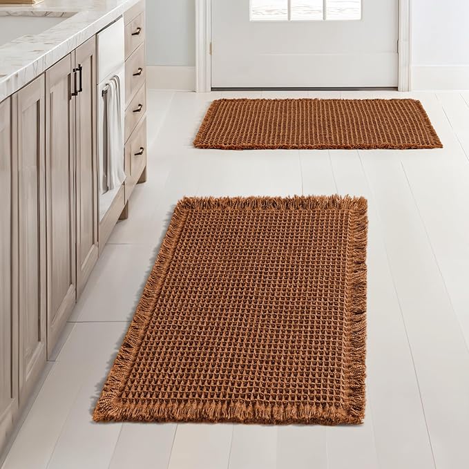 MIULEE Set of 2 Waffle Bathroom Rugs, Fall Boho Bath Rugs Non Slip Washable, Super Absorbent Bath Mats, Ultra Soft Rubber Backed Shower Mats for Bathroom Floor, Tub and Shower, Terracotta, 17x24 Inch