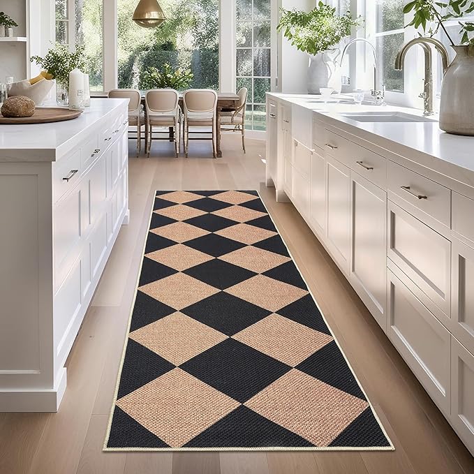 GarveeHome Checkered Easy Jute Runner Rug 2x6 Non-Slip Machine Washable Stain Resistant Indoor Outdoor Rugs for Living Room, Bedroom, Kitchen, Dining, Patio - Farmhouse Style Black Tan