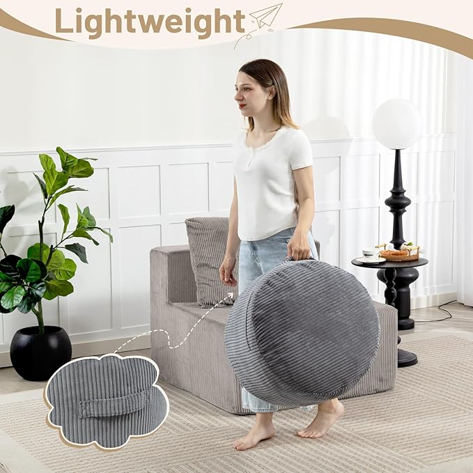 Round Stuffed Pouf Ottoman,Corduroy Foot Rest with Rebound Foam Filled, Furry and Fluffy Foot Stool Ottoman, Floor Poufs for Living Room (Gray, 26" D x 26" W x 18" H)