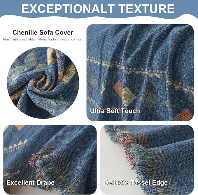 VClife Boho Couch Cover Blue Geometric Jacquard Pattern Sofa Cover, 1 Piece Large Couch Covers for 2 Cushion Couch Sofa Washable Plush Chenille Sofa Protector for Living Room, 71x118 Inch
