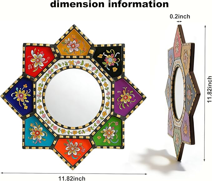 Octagon Sunburst Wall Mirror - Colorful Geometric Boho Circle Mirror Art, Small Decorative Vintage Accent for Living Room Decor, Wood & Acrylic（2D Printed）