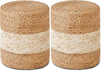 Wimarsbon 2Pcs Pouf Ottomans, Natural Seagrass Foot Stool, Hand Weaving Round Ottoman, Boho Decorative Seat, Jute Braided Pouffe Poof Accent Sitting Footrest for Living Room (White)