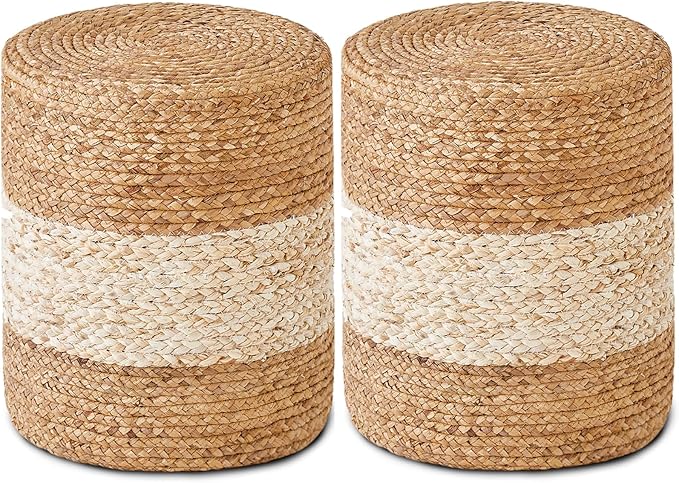 Wimarsbon 2Pcs Pouf Ottomans, Natural Seagrass Foot Stool, Hand Weaving Round Ottoman, Boho Decorative Seat, Jute Braided Pouffe Poof Accent Sitting Footrest for Living Room (White)