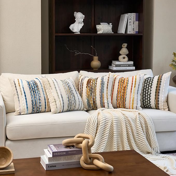 Aeckself Boho Pillow Covers 18x18 Inch Set of 2, Farmhouse Decorative Striped Square Chenille Tufted Accent Neutral Throw Pillow Covers for Living Room Couch Bed, Gray Blue