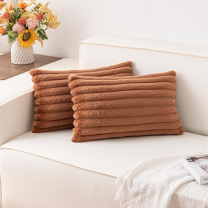 Pack of 2 Faux Fur Christmas Throw Pillow Covers 12x20 Inch, Soft Plush Striped Neutral Couch Pillow Cover, with Velvet Back Modern Home Decor for Sofa Living Room Couch Bed Dark Brown