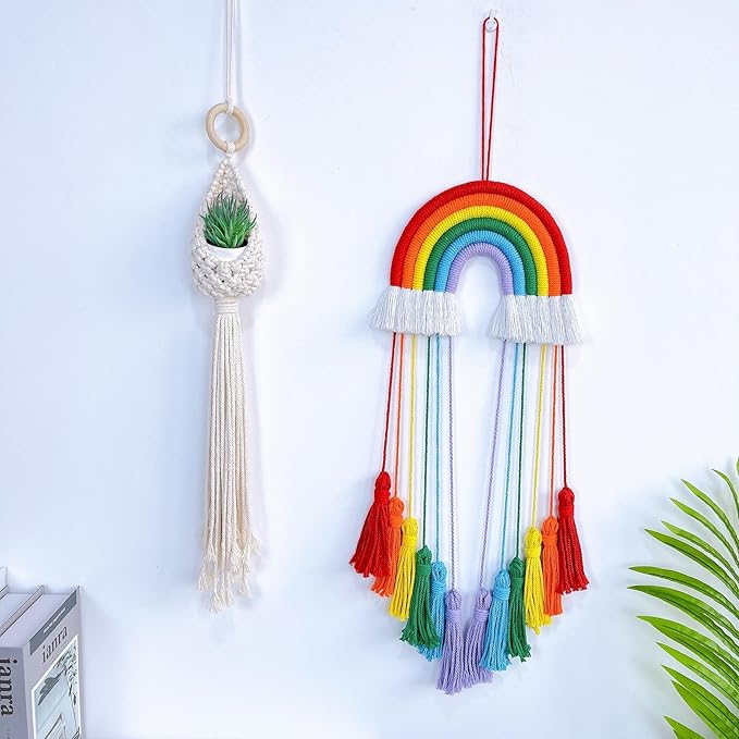 Rainbow Macrame Wall Hanging - Hand-Woven Cotton Tassel Tapestry Decor for Baby Room, Nursery, and Home Decor (Red Rainbow)