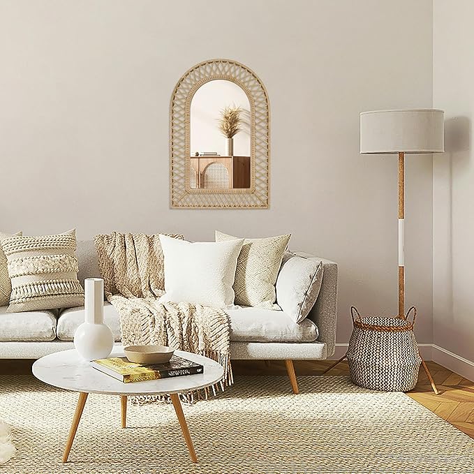 Arched Rattan Wall Mirror – 24x36 Inch Boho Elegance with Woven Frame, Decorative Mirror for Bathroom Vanity Entryway Living Room