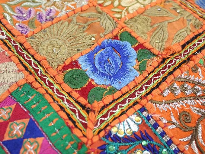 Mam Treasures Indian Bohemian Decorative Pillow Vintage Cushion Cover Patchwork Square Floor Pillow Cover Meditation Cushion Large Floor Pillow Indian Cushion (Orange, 22 X 22 X 5 Inch)